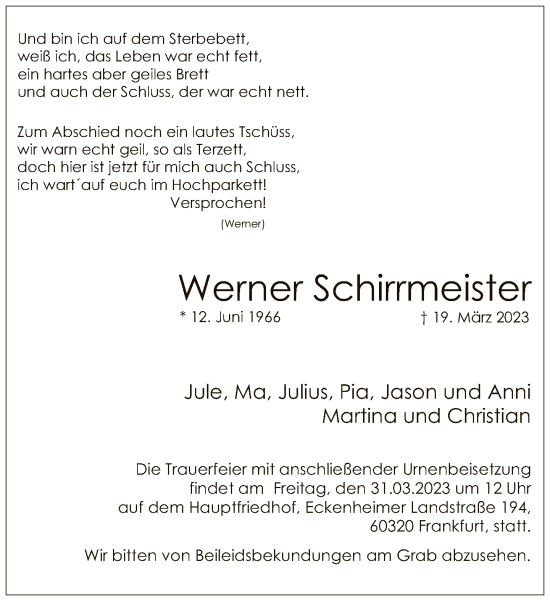 Traueranzeige von Werner Schirrmeister von FNP