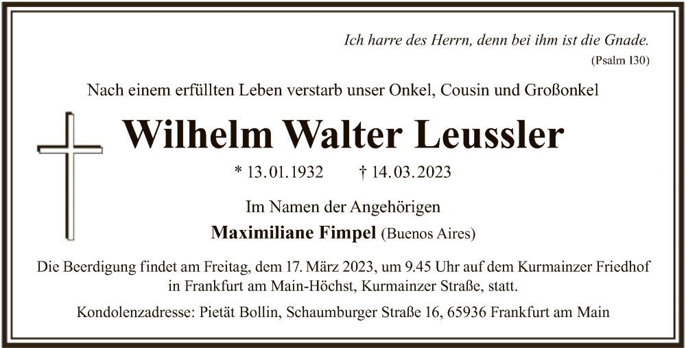  Traueranzeige für Wilhelm Leussler vom 16.03.2023 aus FNP