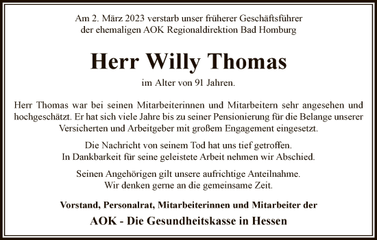 Traueranzeige von Willy Thomas von FNP