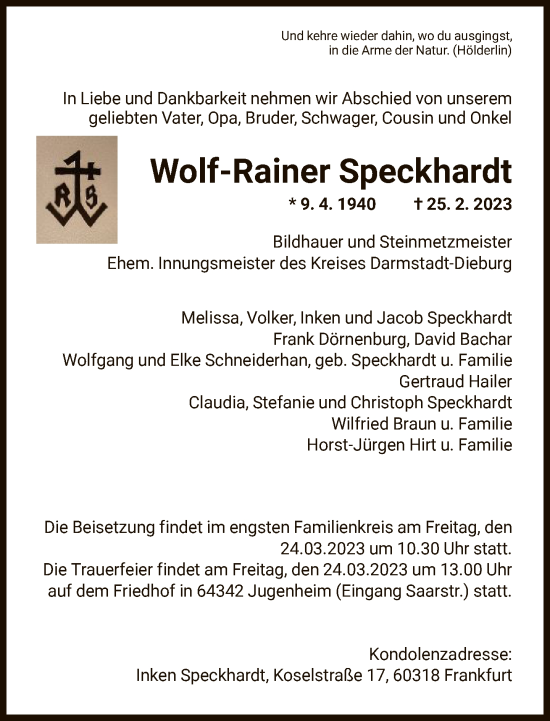 Traueranzeige von Wolf-Rainer Speckhardt von FNP