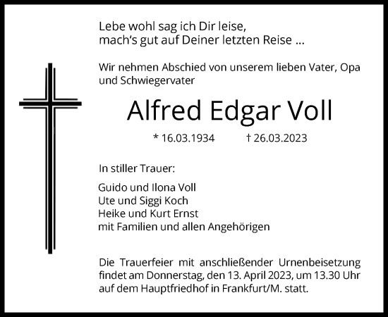 Traueranzeige von Alfred Voll von FNP