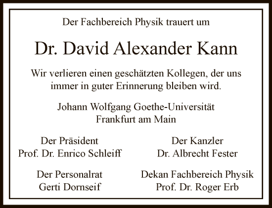 Traueranzeige von David Kann von FNP