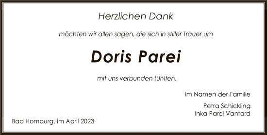 Traueranzeige von Doris Parei von FNP