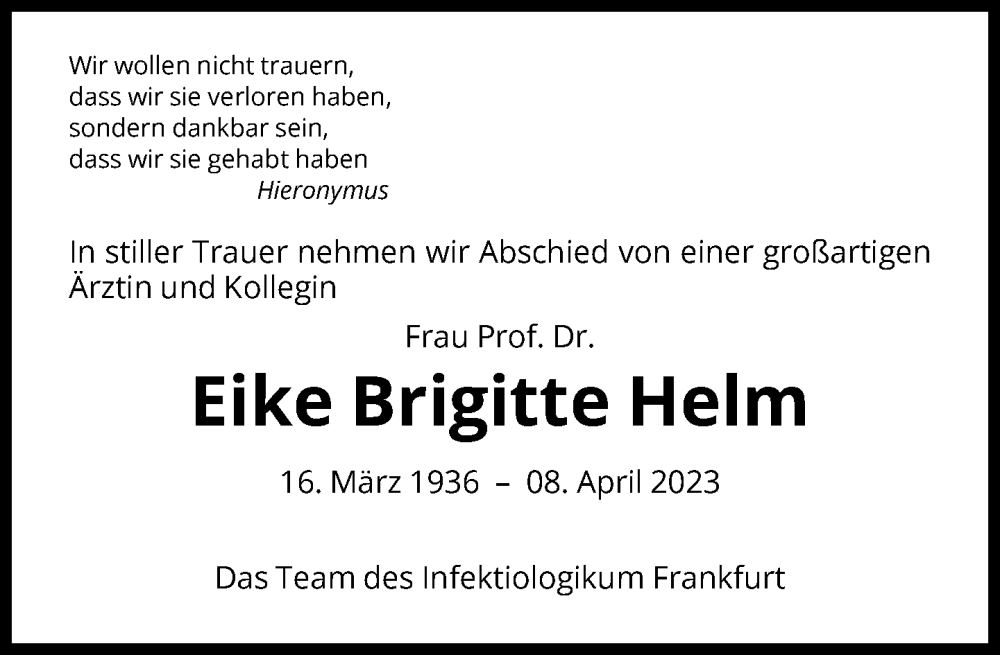  Traueranzeige für Eike Brigitte Helm vom 15.04.2023 aus FNP