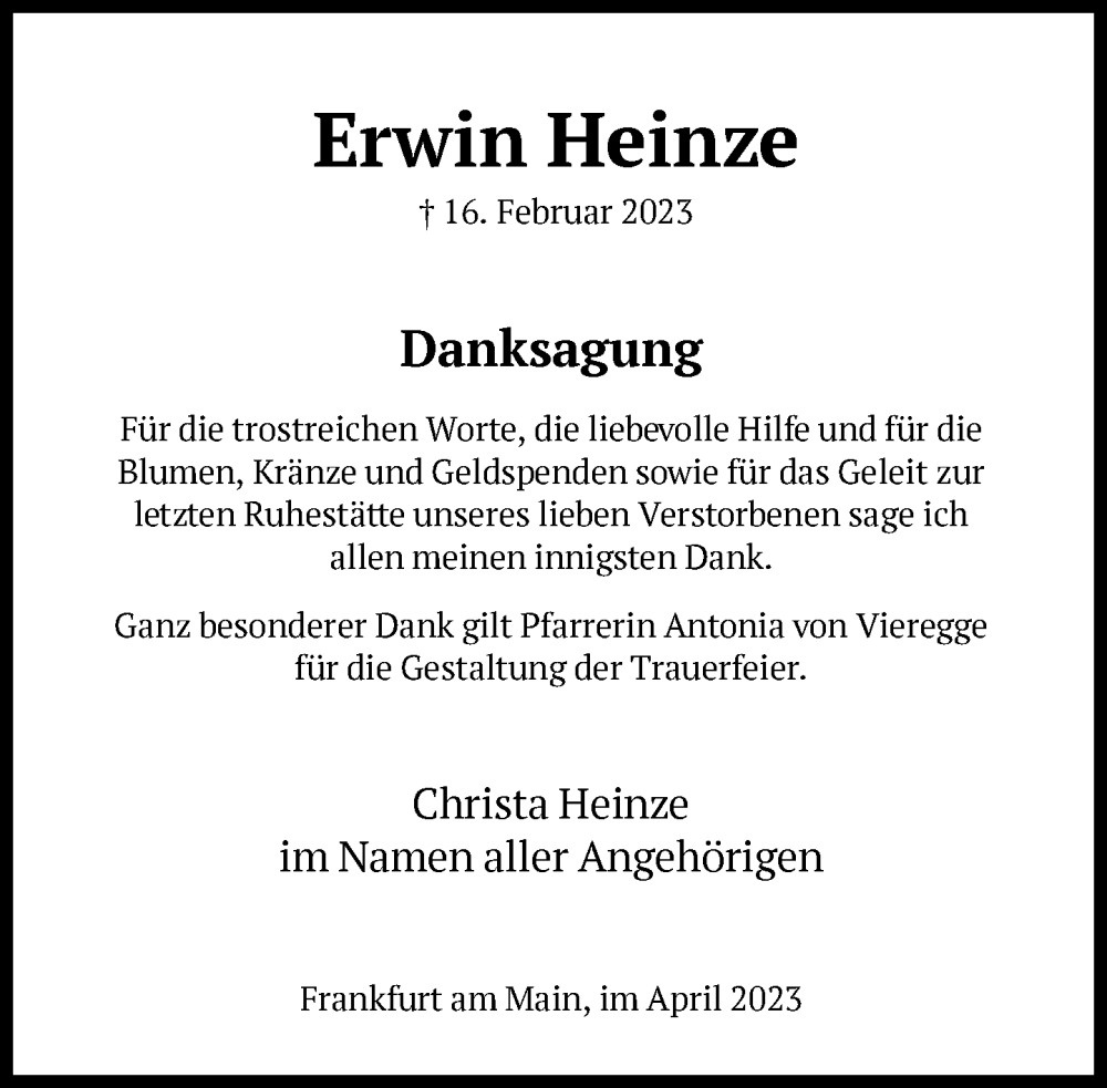  Traueranzeige für Erwin Heinze vom 08.04.2023 aus FNP