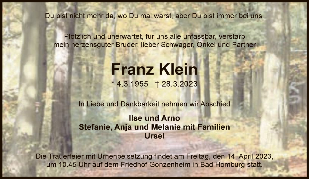  Traueranzeige für Franz Klein vom 08.04.2023 aus FNP