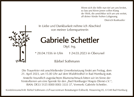 Traueranzeige von Gabriele Schettler von FNP