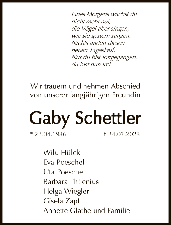 Traueranzeige von Gaby Schettler von FNP