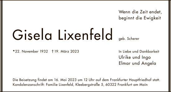 Traueranzeige von Gisela Lixenfeld von FNP