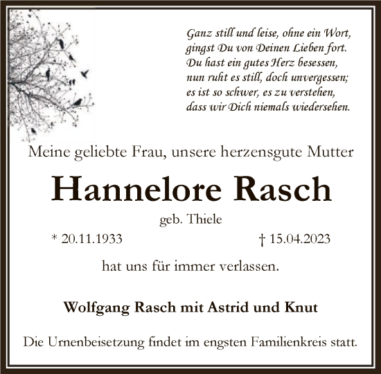 Traueranzeige von Hannelore Rasch von FNP