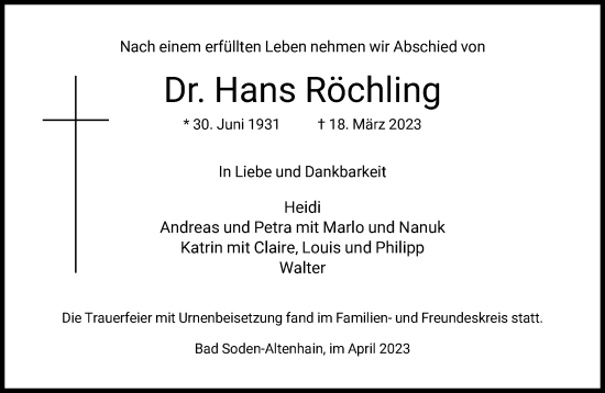 Traueranzeige von Hans Röchling von FNP