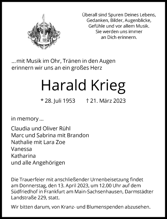 Traueranzeige von Harald Krieg von FNP