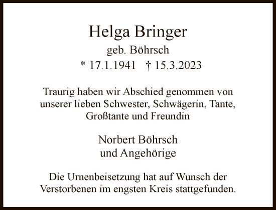 Traueranzeige von Helga Bringer von FNP