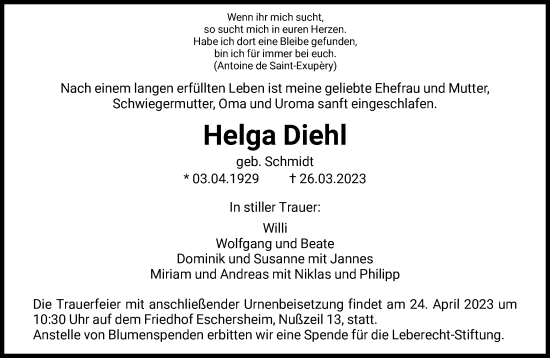 Traueranzeige von Helga Diehl von FNP