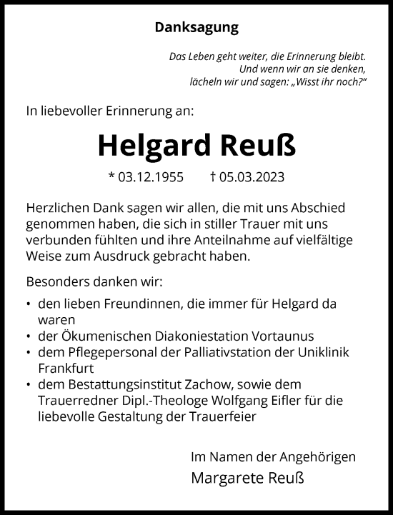 Traueranzeige von Helgard Reuß von FNP