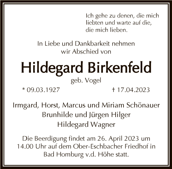 Traueranzeige von Hildegard Birkenfeld von FNP