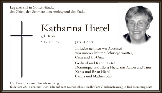 Traueranzeige von Katharina Hietel von FNP