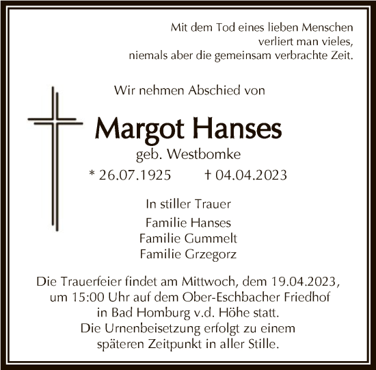 Traueranzeige von Margot Hanses von FNP