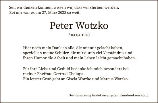 Traueranzeige von Peter Wotzko von FNP