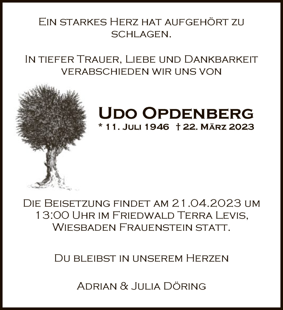  Traueranzeige für Udo Opdenberg vom 15.04.2023 aus FNP