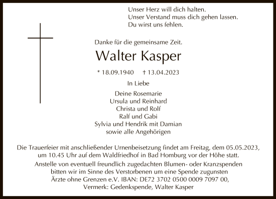 Traueranzeige von Walter Kasper von FNP