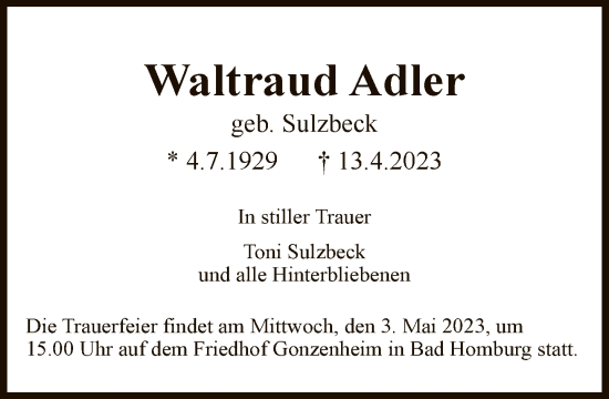 Traueranzeige von Waltraud Adler von FNP