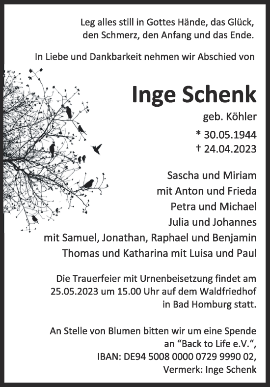 Traueranzeige von Inge Schenk 