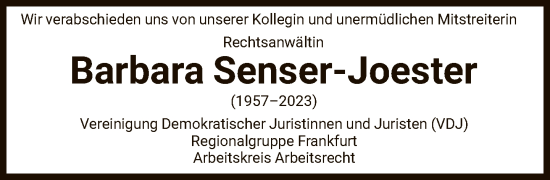 Traueranzeige von Barbara Senser-Joester von FNP