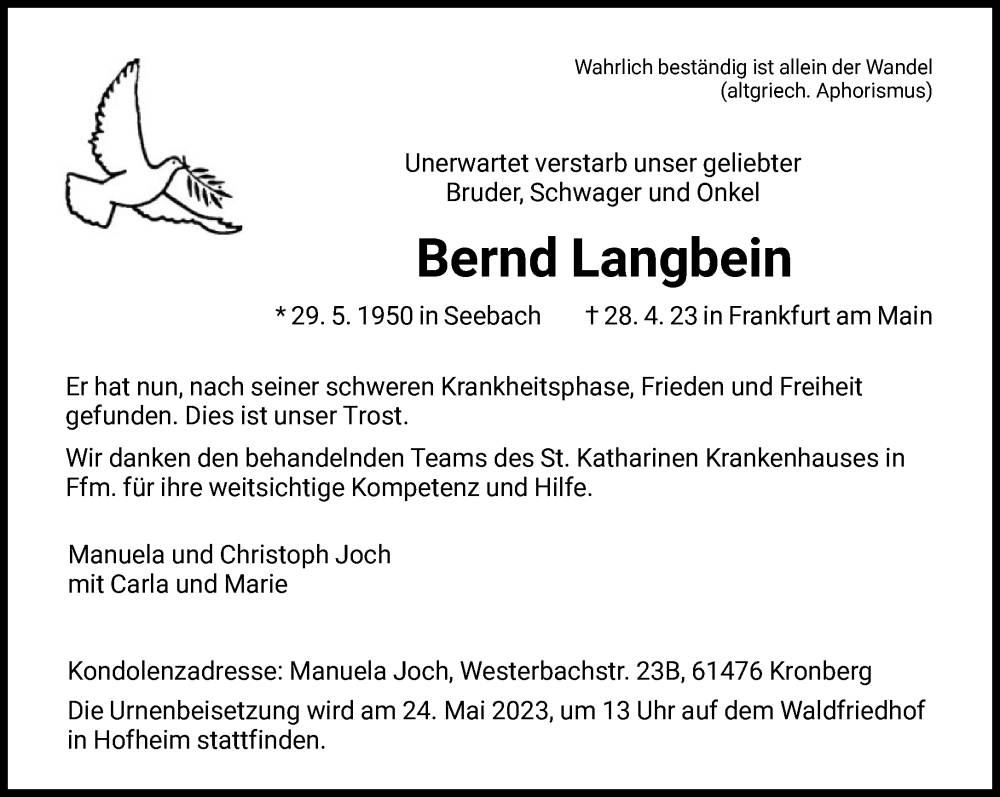  Traueranzeige für Bernd Langbein vom 20.05.2023 aus FNP
