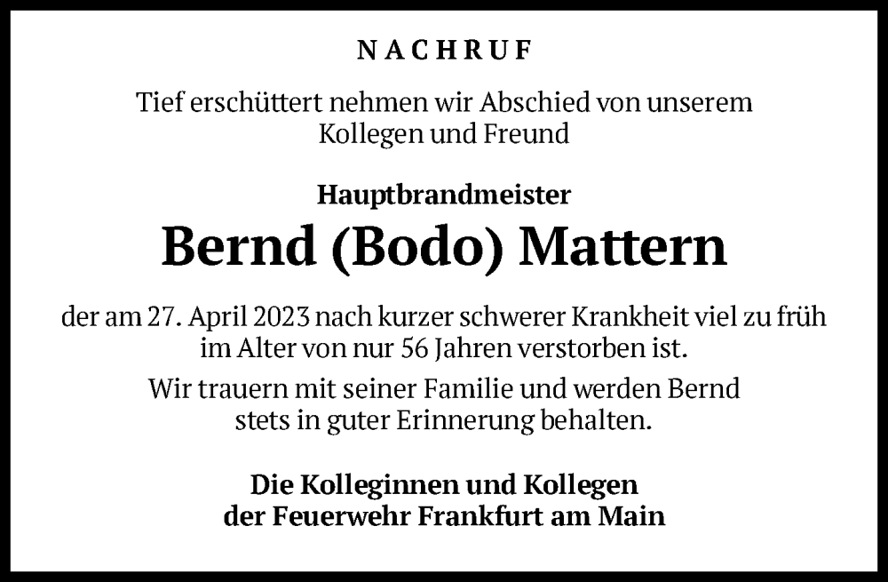  Traueranzeige für Bernd Mattern vom 06.05.2023 aus FNP