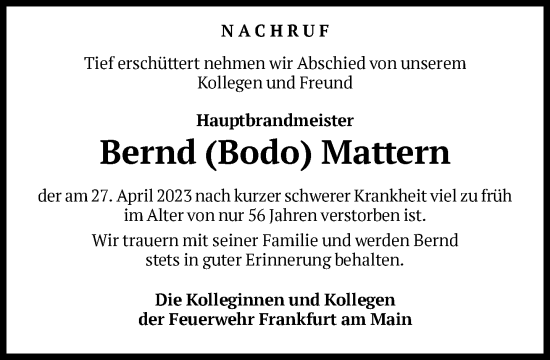 Traueranzeige von Bernd Mattern von FNP