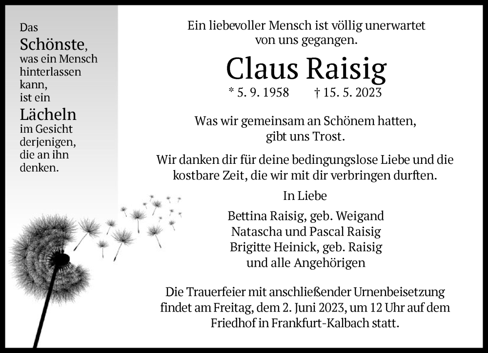  Traueranzeige für Claus Raisig vom 27.05.2023 aus FNP