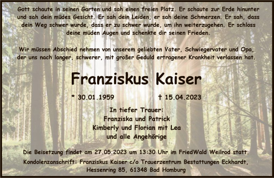 Traueranzeige von Franziskus Kaiser von FNP