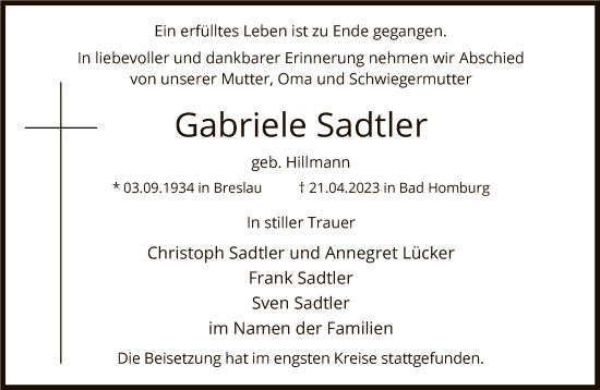 Traueranzeige von Gabriele Sadtler von FNP