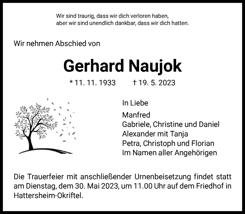  Traueranzeige für Gerhard Naujok vom 24.05.2023 aus FNP