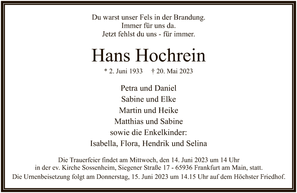 Traueranzeige für Hans Hochrein vom 25.05.2023 aus FNP