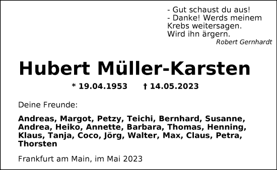 Traueranzeige von Hubert Müller-Karsten von FNP