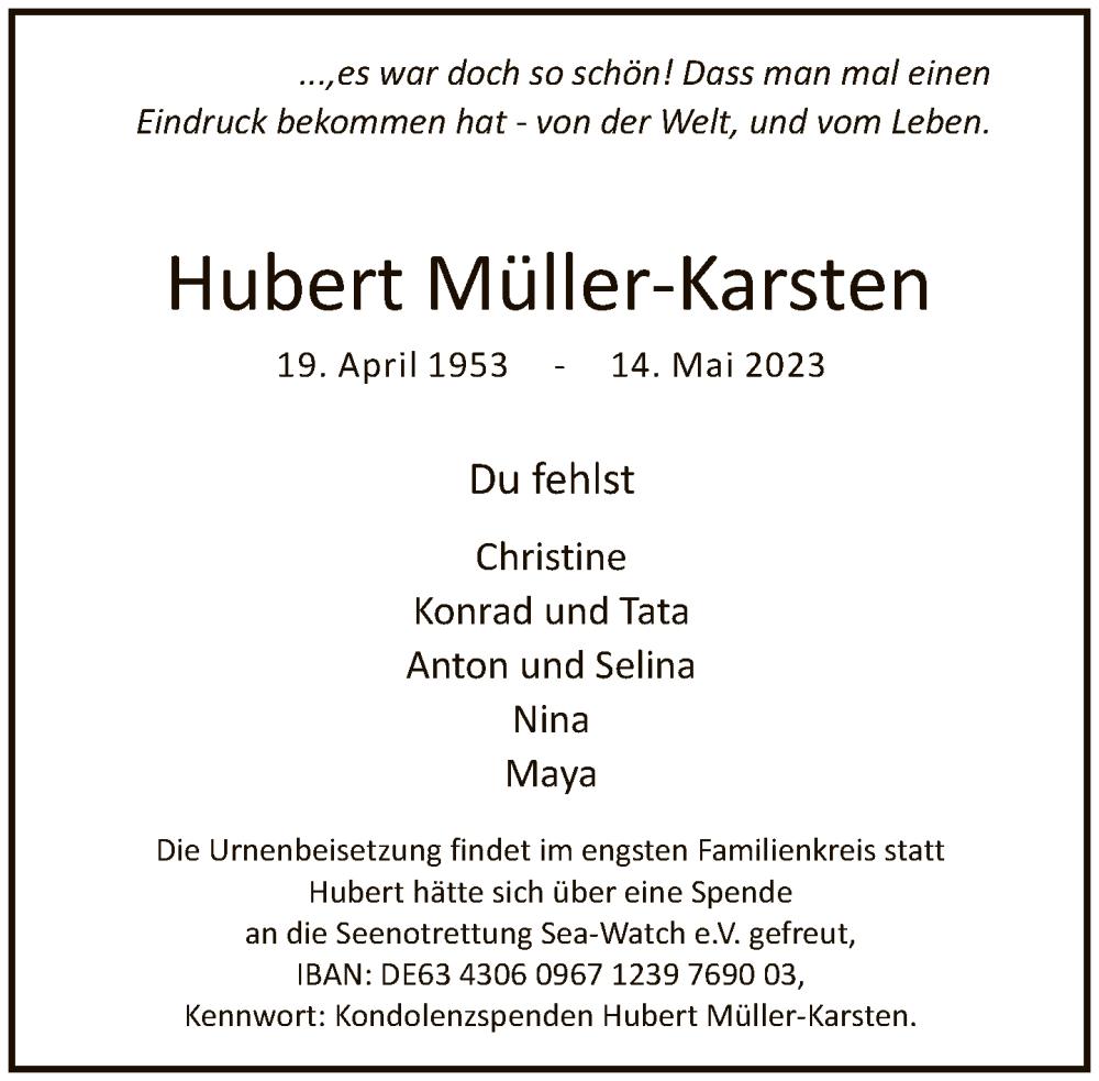  Traueranzeige für Hubert Müller-Karsten vom 20.05.2023 aus FNP