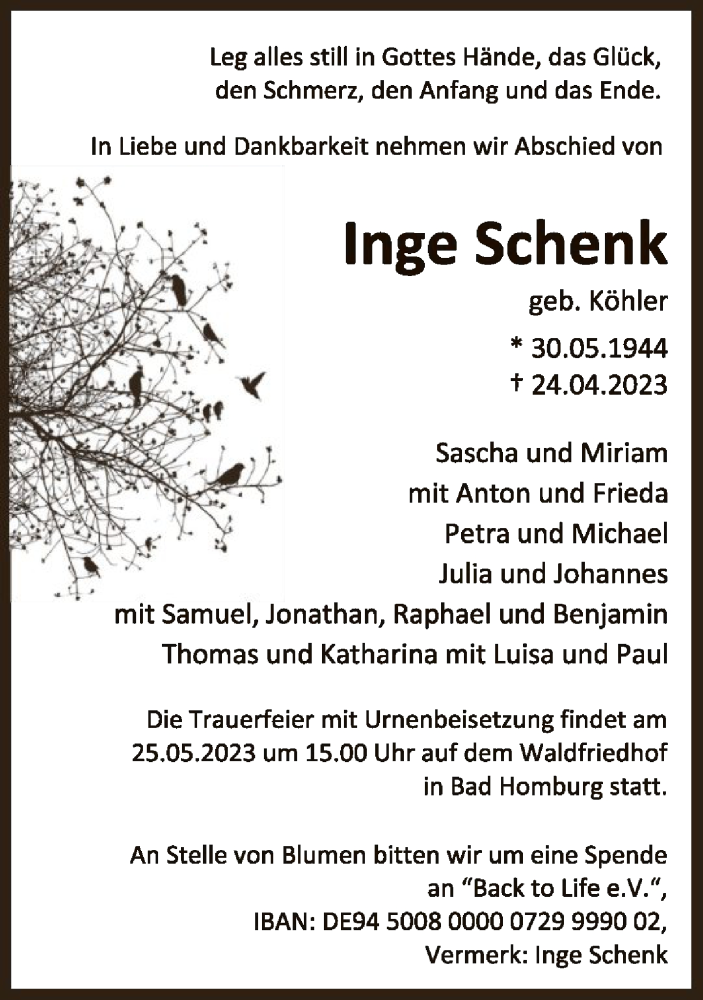  Traueranzeige für Inge Schenk vom 13.05.2023 aus FNP
