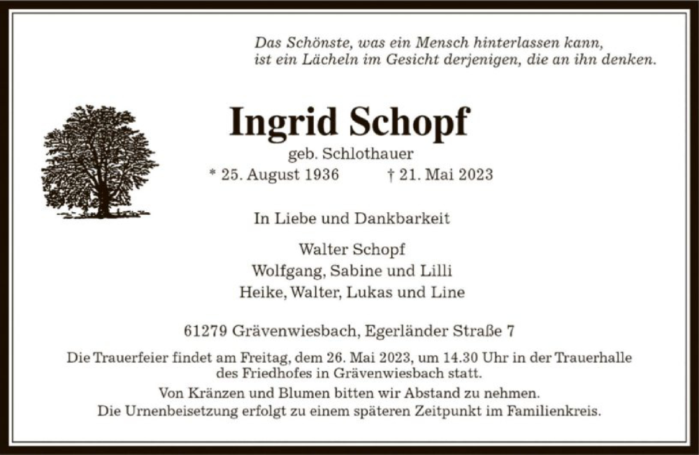  Traueranzeige für Ingrid Schopf vom 24.05.2023 aus FNP