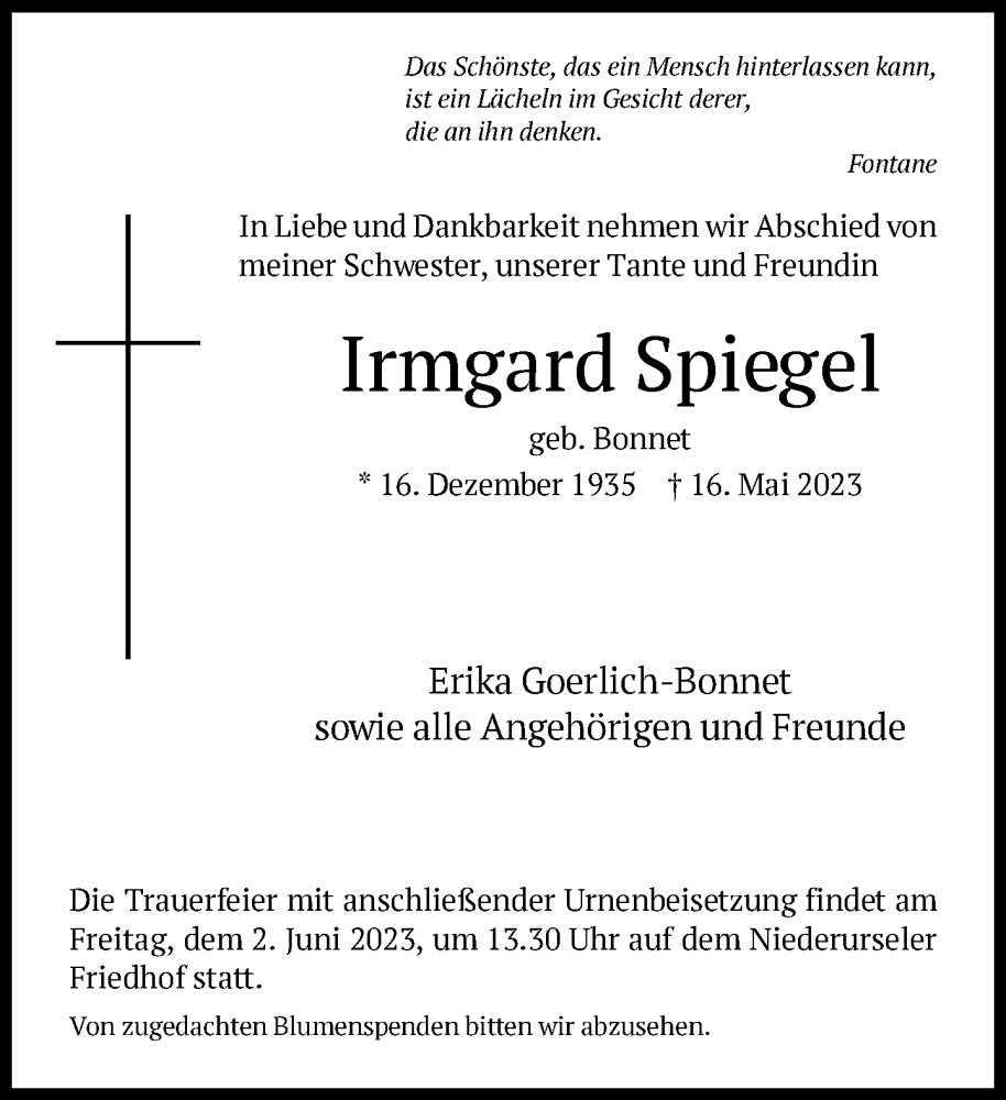  Traueranzeige für Irmgard Spiegel vom 24.05.2023 aus FNP