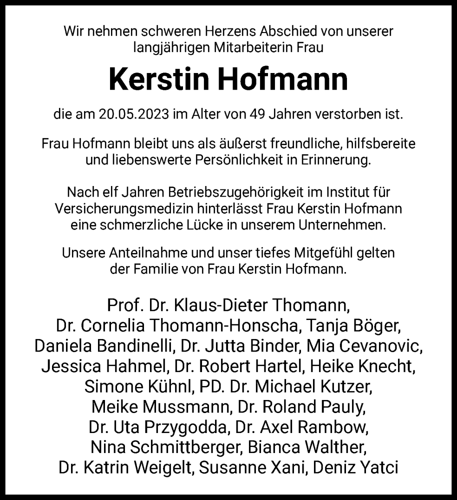  Traueranzeige für Kerstin Hofmann vom 27.05.2023 aus FNP