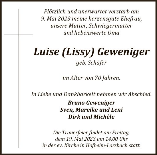 Traueranzeige von Luise Geweniger von FNP