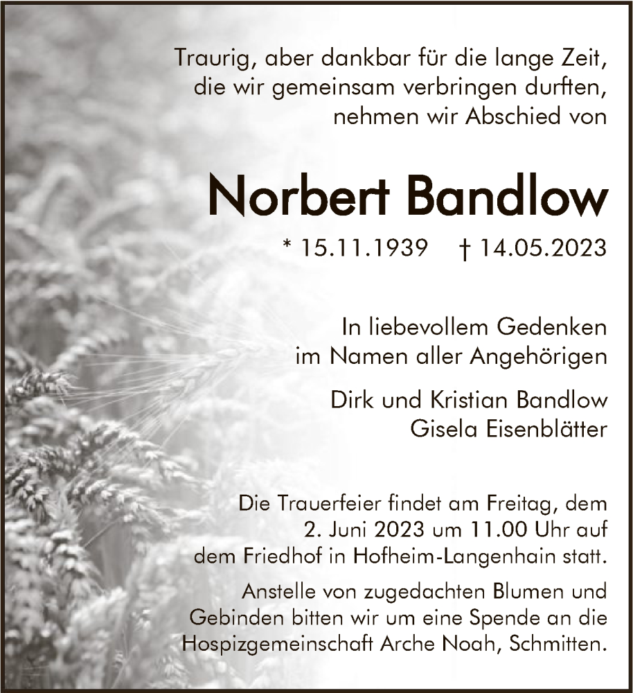  Traueranzeige für Norbert Bandlow vom 20.05.2023 aus FNP