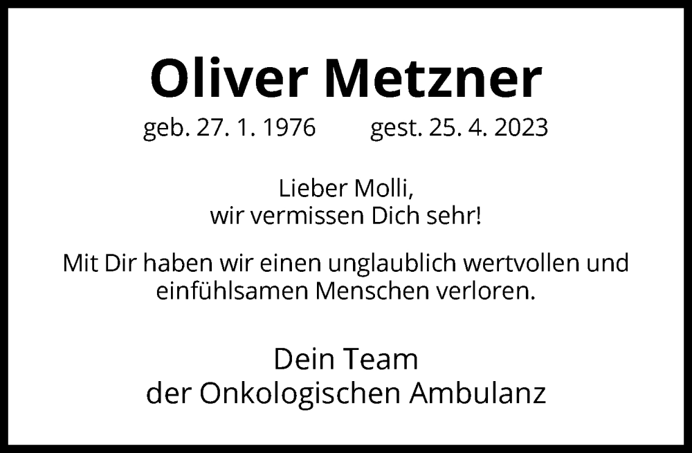  Traueranzeige für Oliver Metzner vom 06.05.2023 aus FNP