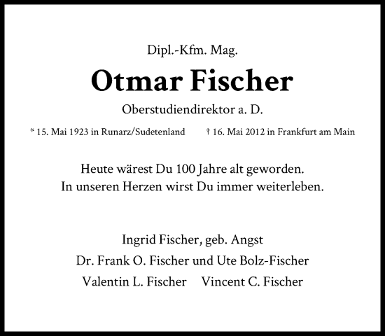 Traueranzeige von Otmar Fischer von FNP