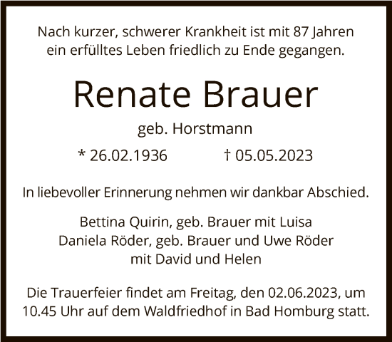 Traueranzeige von Renate Brauer von FNP