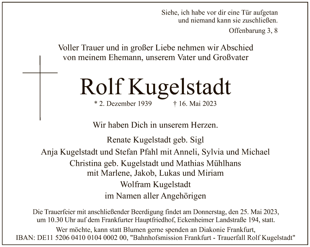  Traueranzeige für Rolf Kugelstadt vom 20.05.2023 aus FNP