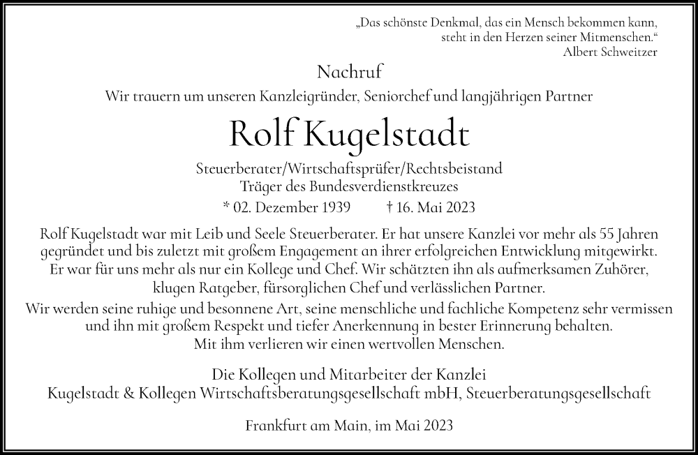  Traueranzeige für Rolf Kugelstadt vom 24.05.2023 aus FNP