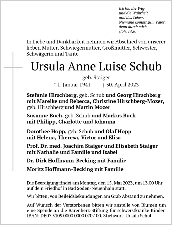 Traueranzeige von Ursula Anne Luise Schube von FNP